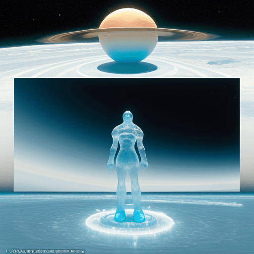 AI generated: A man stands on the beach, looking at Saturn in space, a huge planet with rings and ice sculptures o...