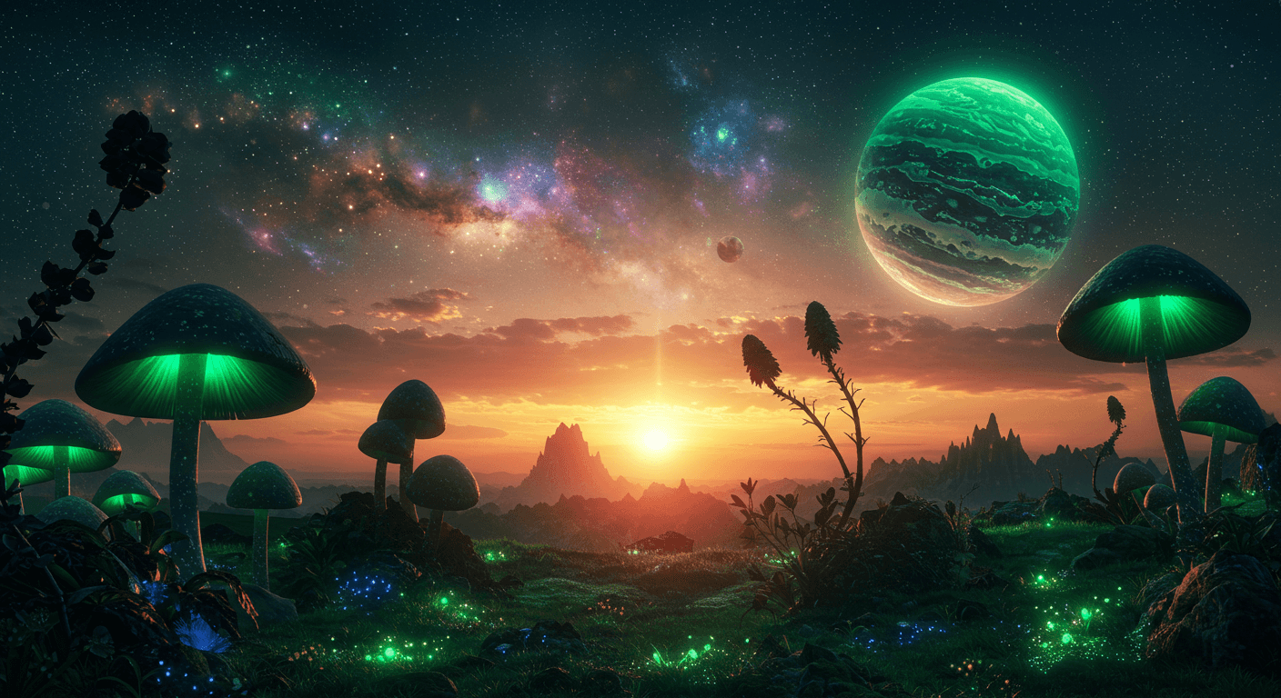 AI generated: Photorealistic 8K fantasy landscape with glowing emerald lights, colorful nebulas, and a surreal sun...