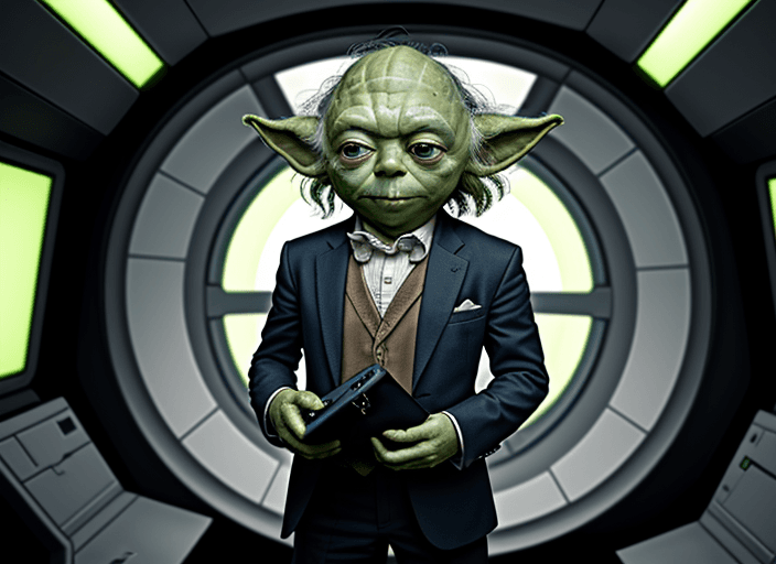 AI generated: yoda as a human, wearing a suit, standing in a spaceship, holding a briefcase