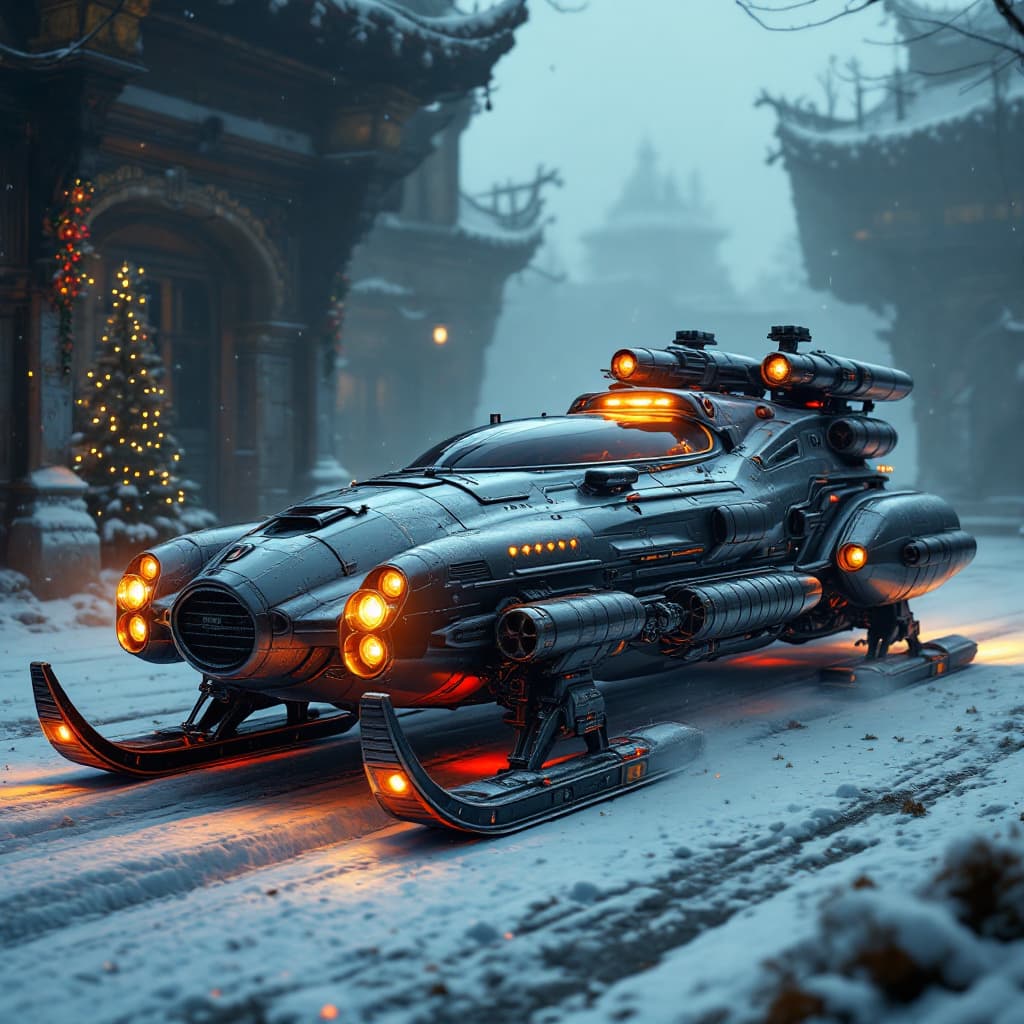 AI generated: General outline of a futuristic rocket powdered Santa’s sled with missles and machine guns on the si...