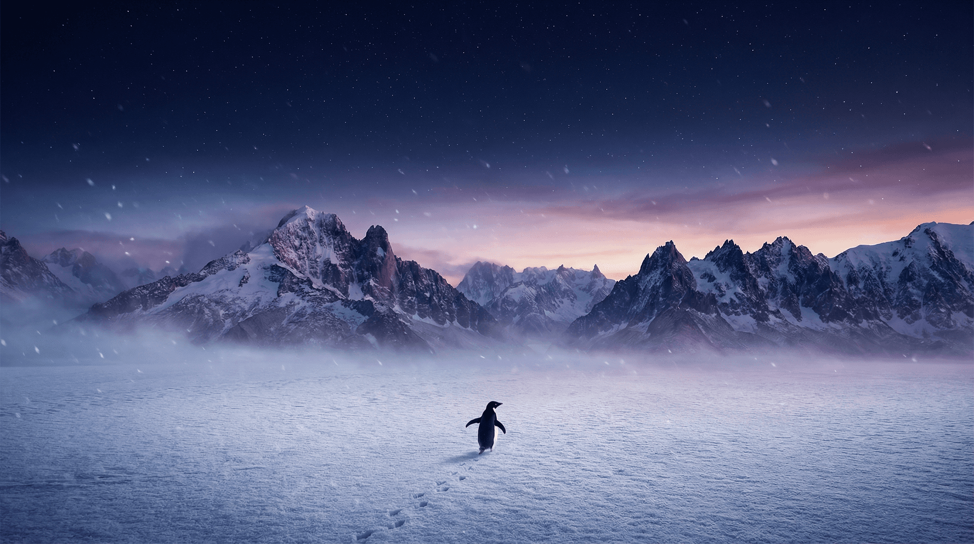 AI generated: A vast frozen landscape with a small penguin walking across an icy plain towards towering, snow-cove...