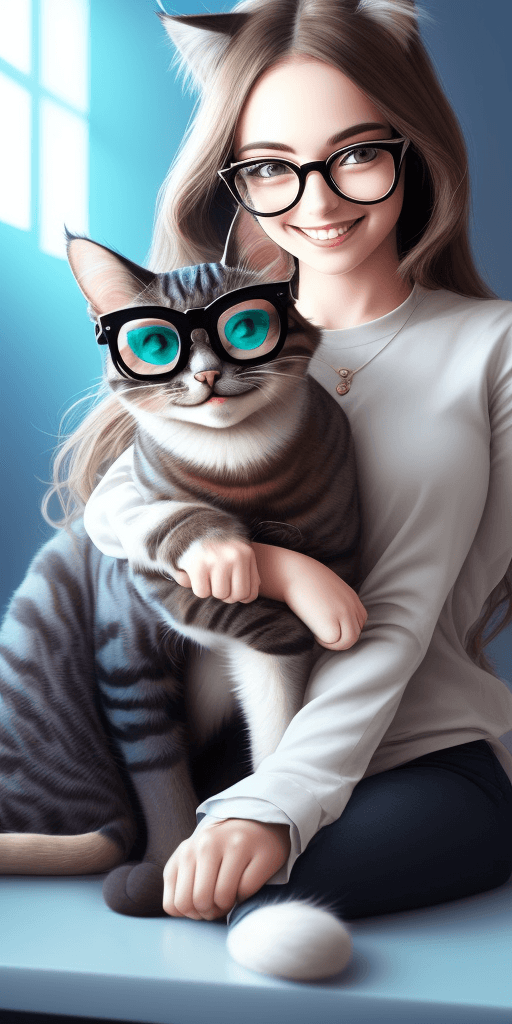 AI generated: cat + glasses, epic light, futuristic cute and smiling 