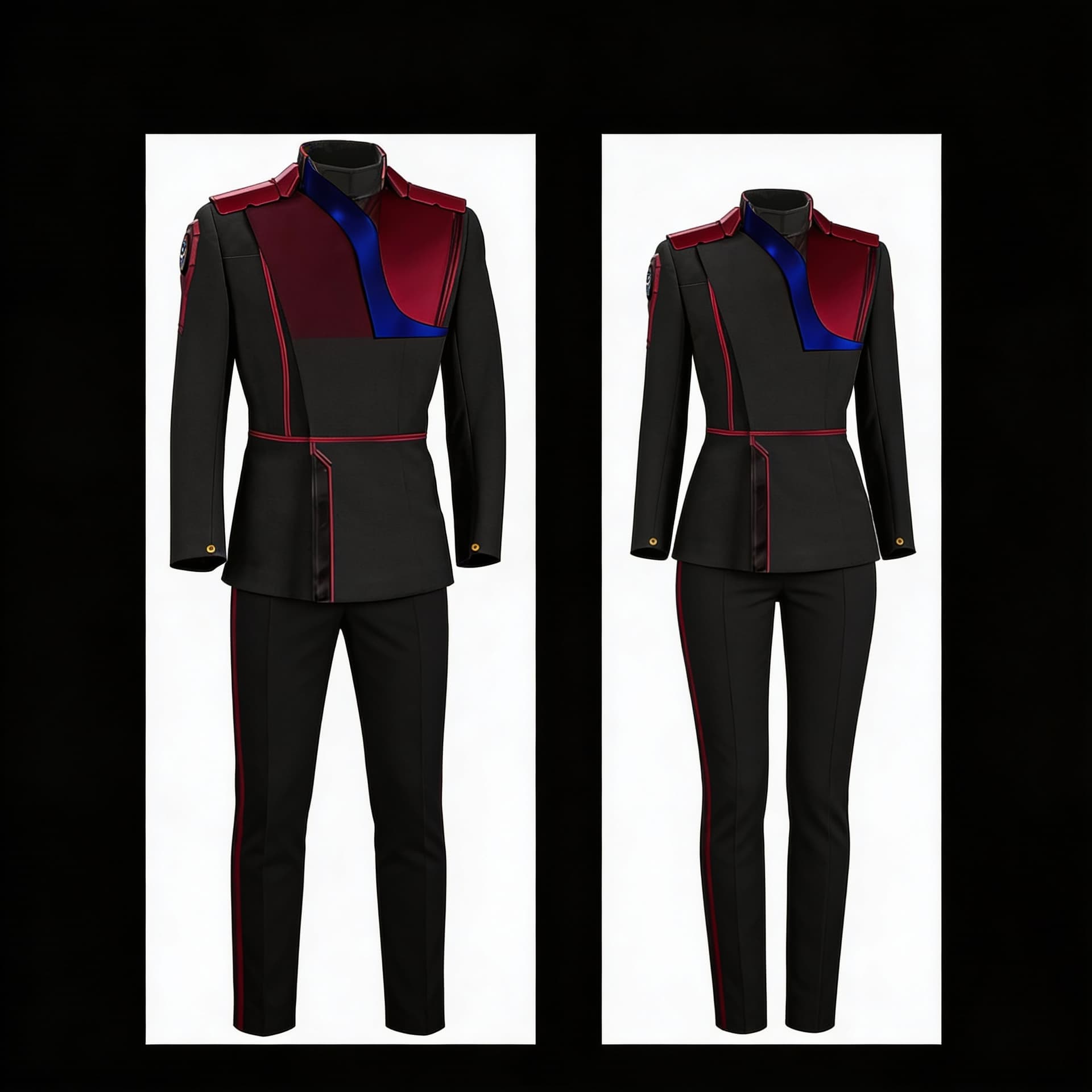 AI generated: Create a Sci-Fi Command uniform. Use the reference image and turn all silver to Dark red. The color ...