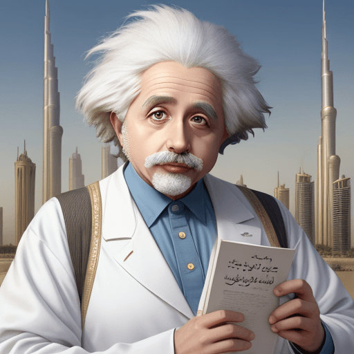 AI generated: Hyper realistic Einstein in Arabic dishdasha, Dubai in background 