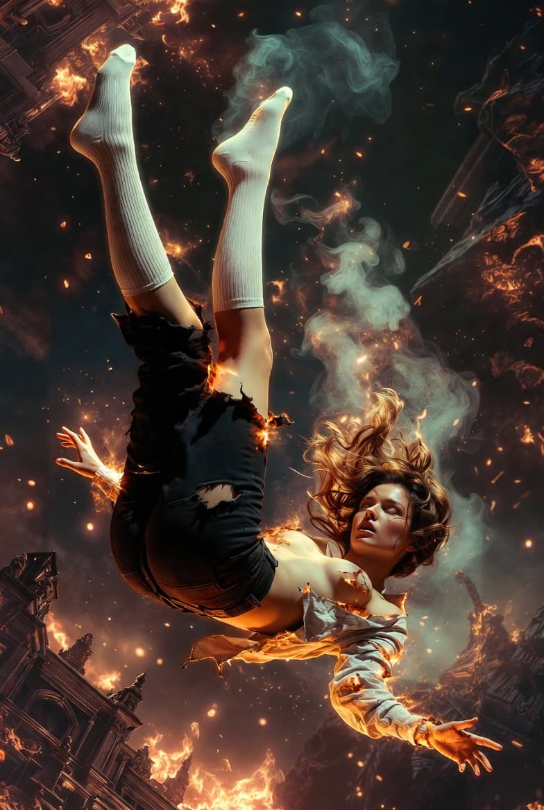 AI generated: A 25-year-old European woman with long white socks and ripped black pants, wearing a torn and burnt ...