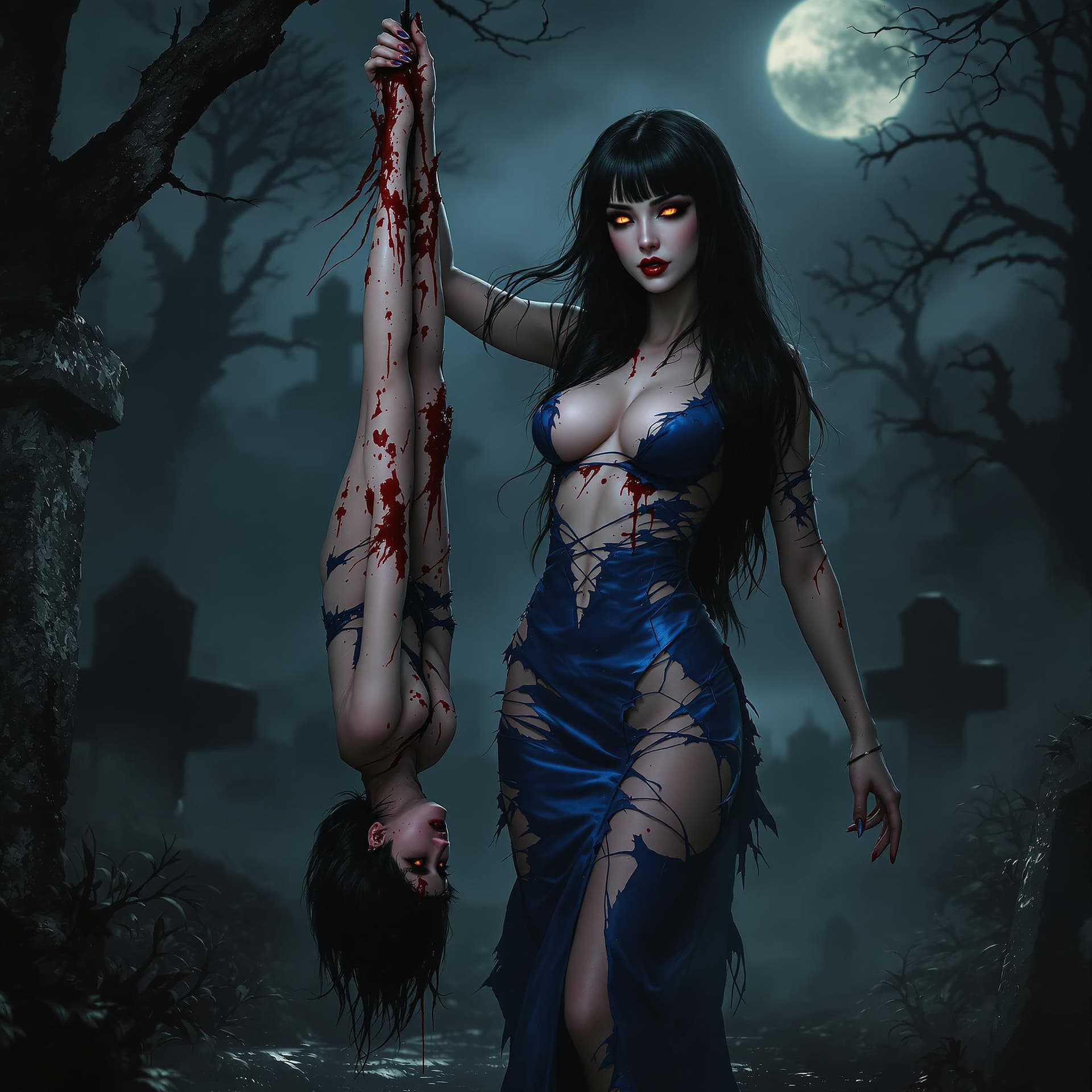 AI generated: A full body HD photo of a tall female vampire standing with body slightly turned to the left in cent...