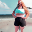 AI generated: caucasian 25 year old woman, FULL BODY, NIKE SHOES, Strawberry blonde long hair, chubby cheaks, wido...