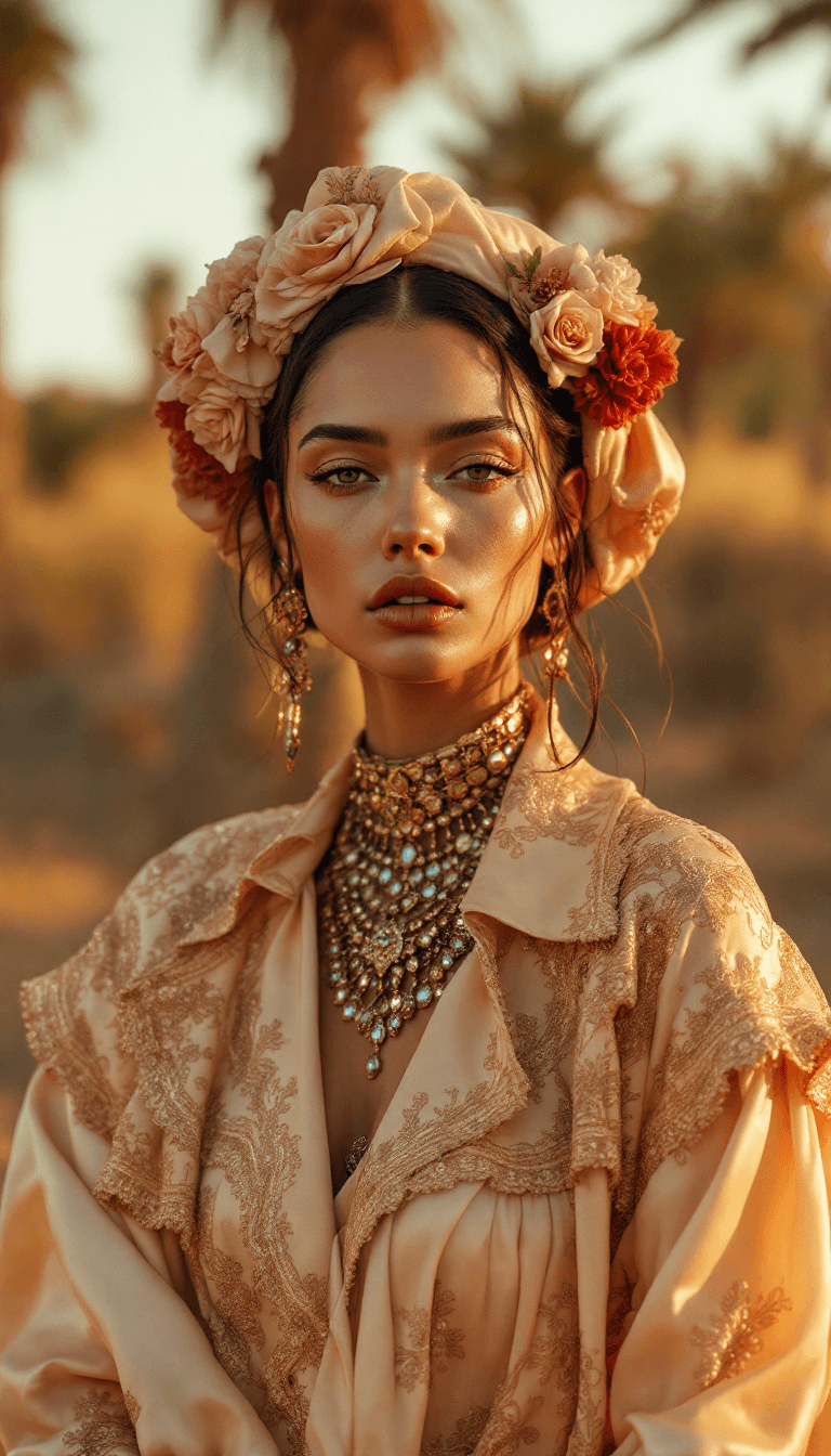 AI generated: fashion editorial shot by Tim Walker in a Moroccan farm, luxury silk resort wear, gorgeous female mo...
