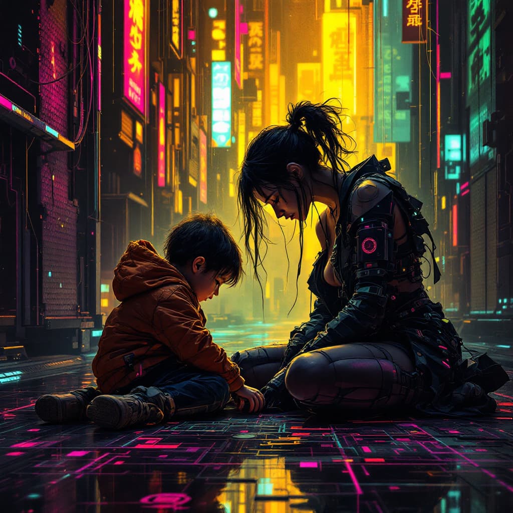 AI generated: Cyber Punk mother with child sitting on the floor

