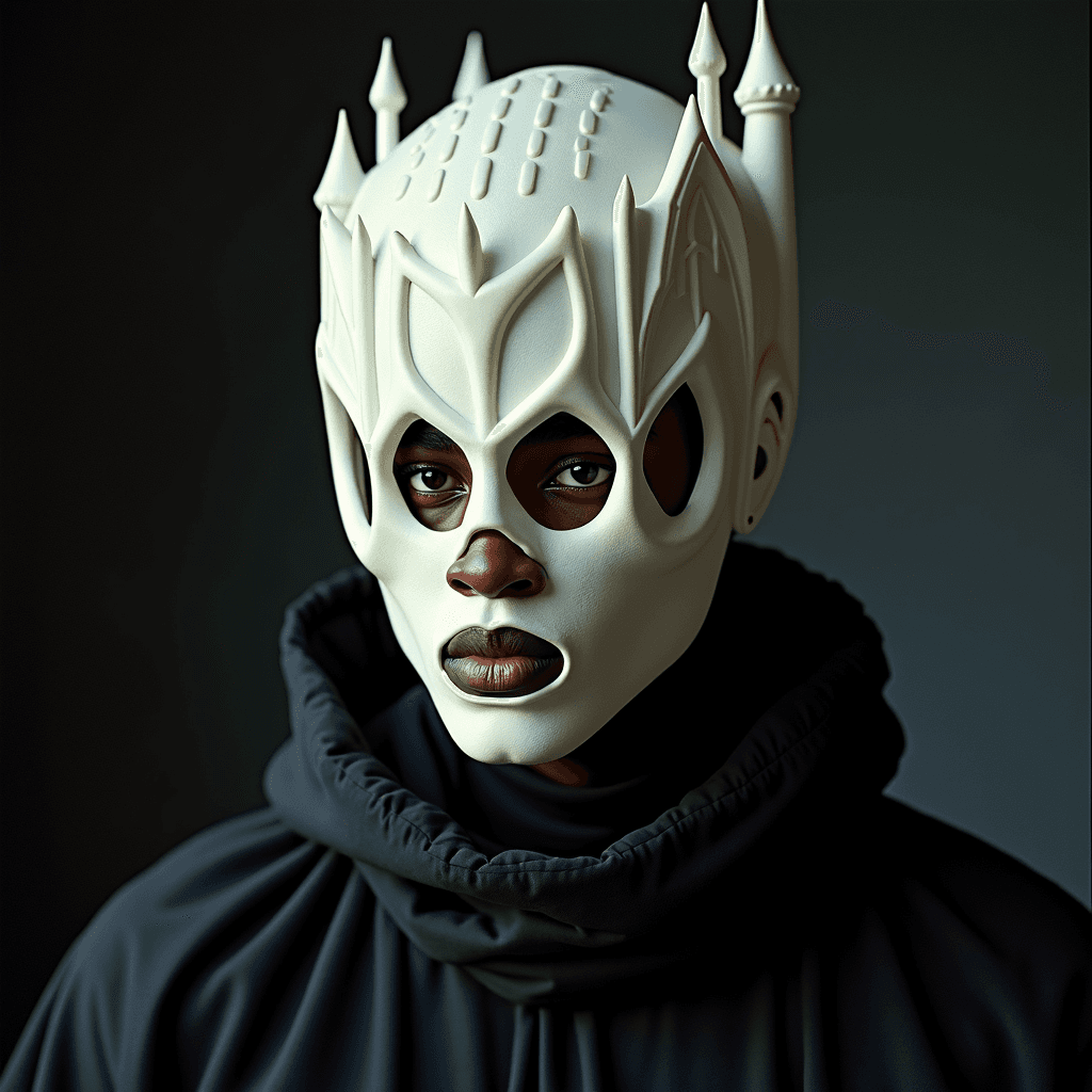 AI generated: Young Afro-American man wearing a full-face cover latex helmet shaped like a detailed white Gothic b...