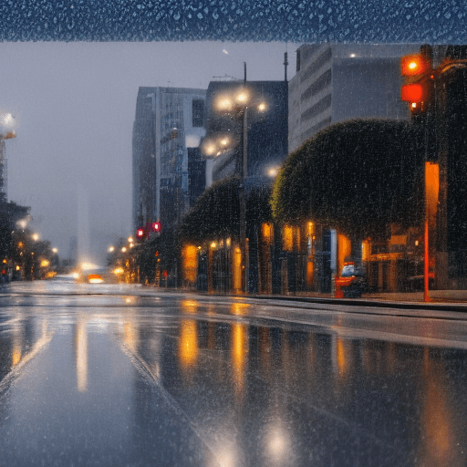 AI generated: high resolution photograph of a street in los angeles, united states, rainy sunset, people running, ...