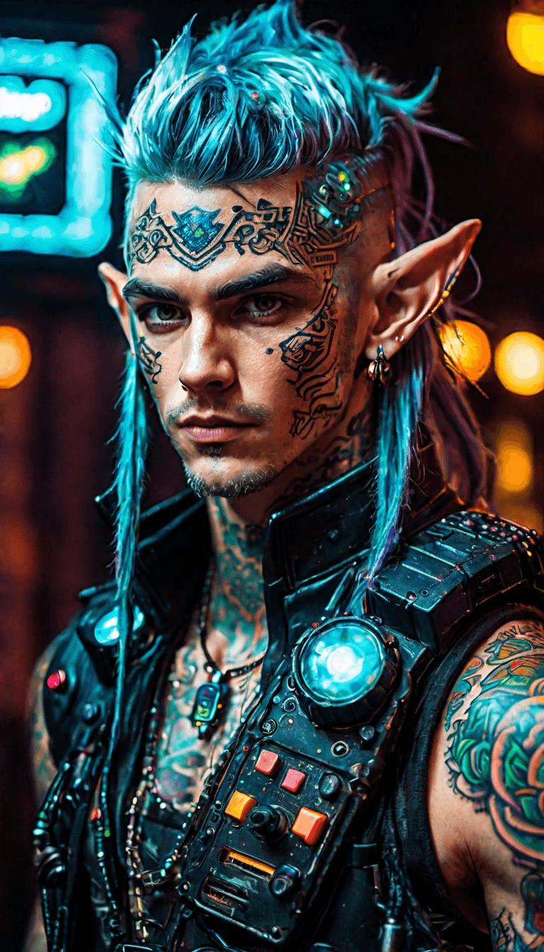 AI generated: Retro arcade style {portrait of rugged masculine cyberpunk elf in combat suit from Shadowrun, intric...