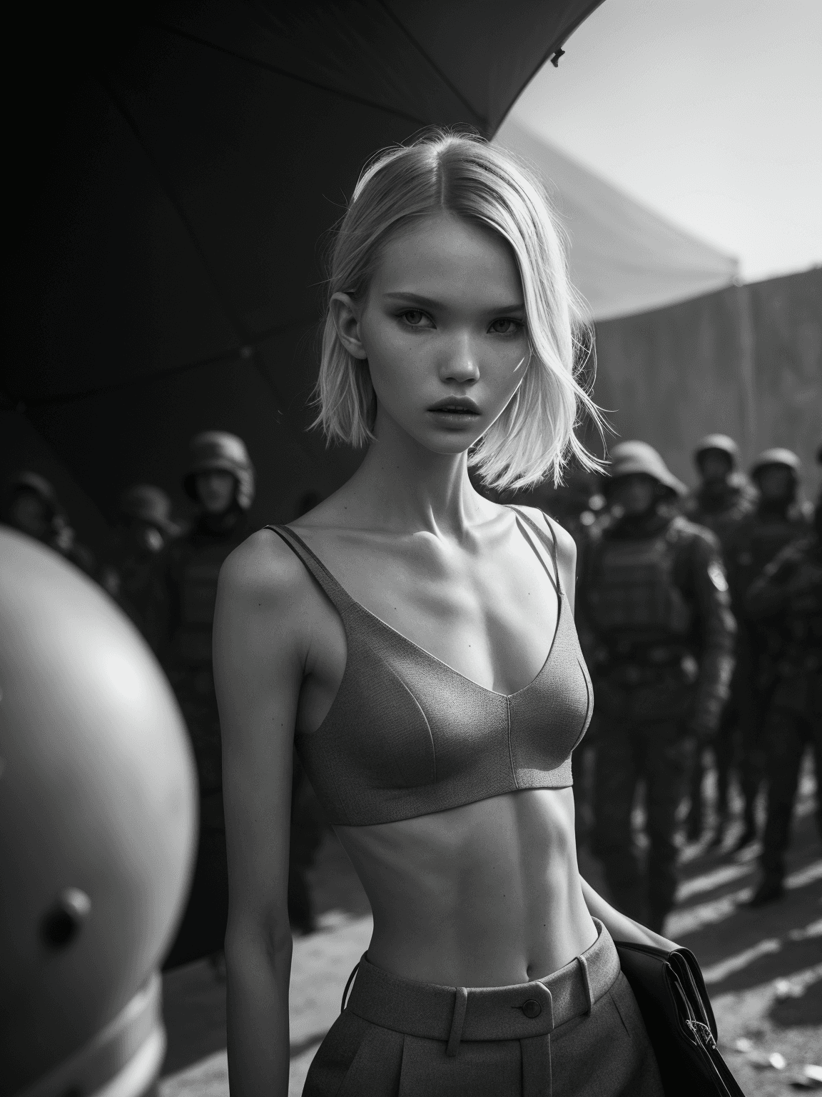 AI generated: Fashion editorial style instant photo masterpiece photo of a supermodel, Slender and petite with a d...