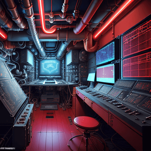 AI generated: masterpiece, concept art, medium shot, centered, a room filled with lots of pipes and valves, cyberp...
