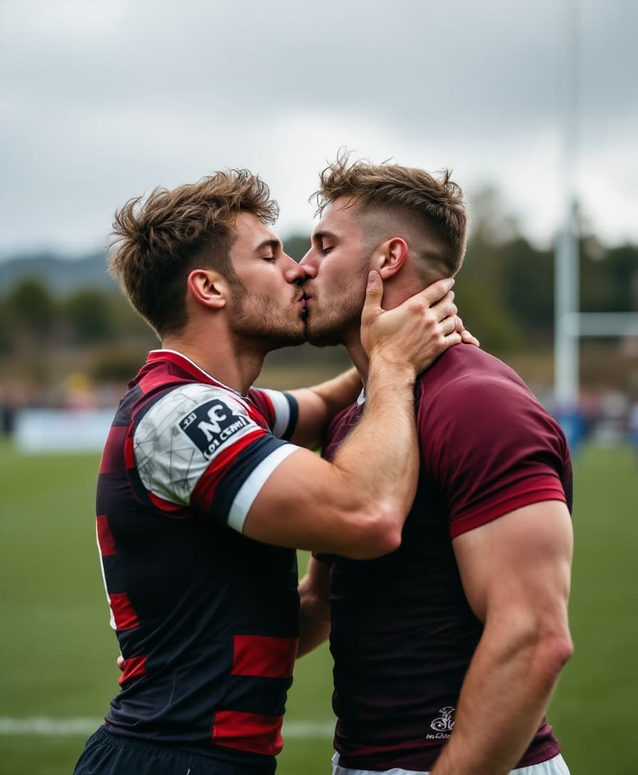 AI generated: two young, 18 years old, rugby men kissing on a rugby field