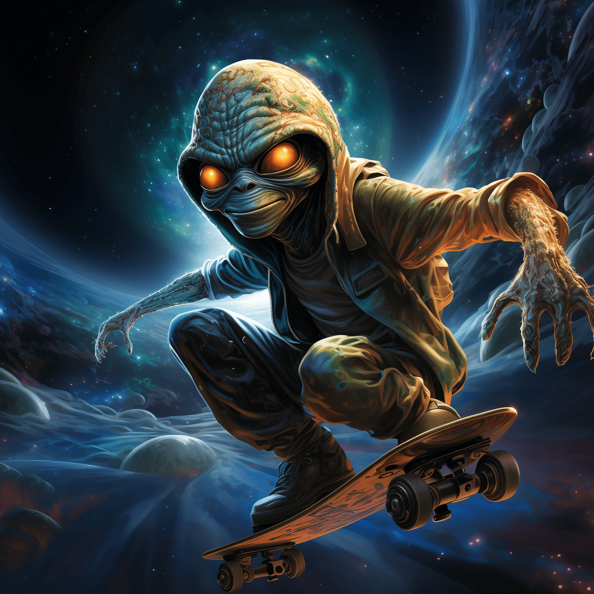 AI generated: a vivid, hyper-realistic scene of a space alien riding a skateboard, where the perspective is from t...