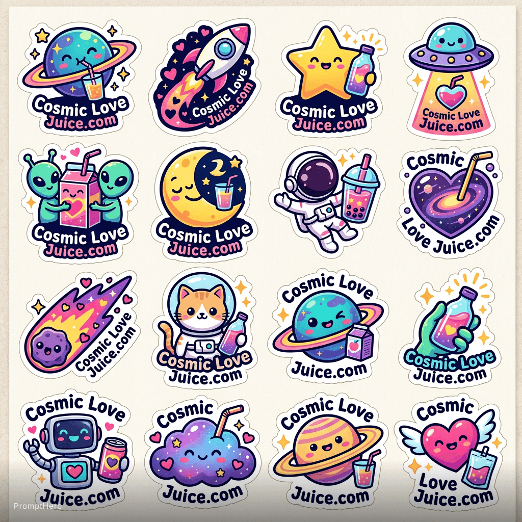 AI generated: each sticker to have the Words. Cosmic Love Juice.com
