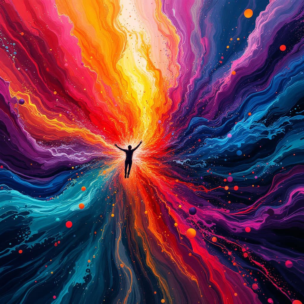 AI generated: artistic, water painting style, art piece showing a lone figure falling into an explosion of vibrant...