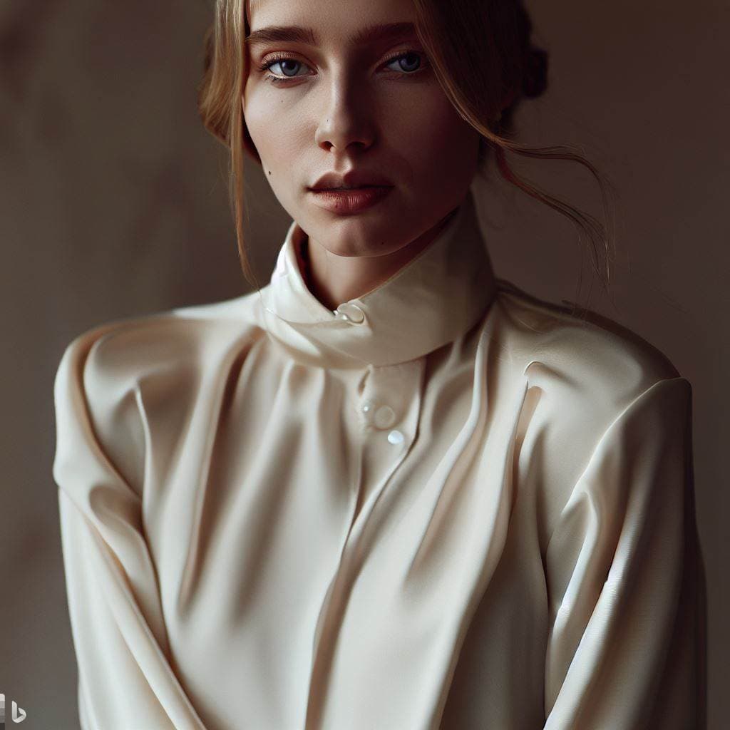 AI generated: The woman's blouse is a soft, ivory silk that drapes elegantly over her frame. It has a high collar ...