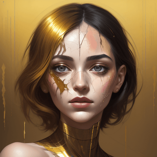 AI generated: an painting on the canvas of a woman in gold colorful tones, in the style of martin ansin, cracked, ...