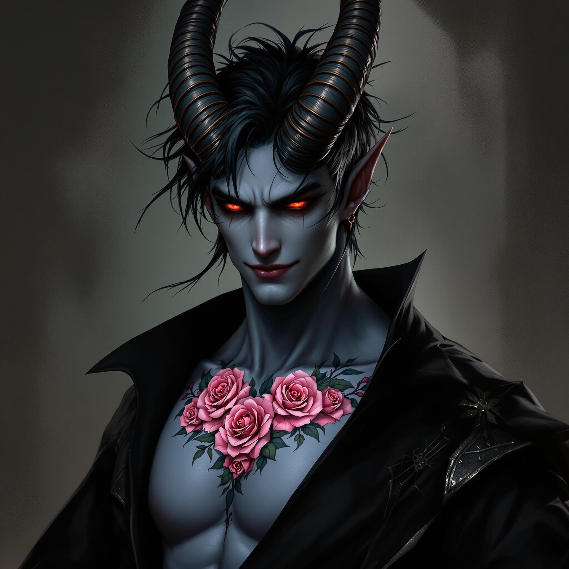 AI generated: ultra realistic male warlock, wearing black komono robe!!! short dark messy hairdo!! blue skin tiefl...