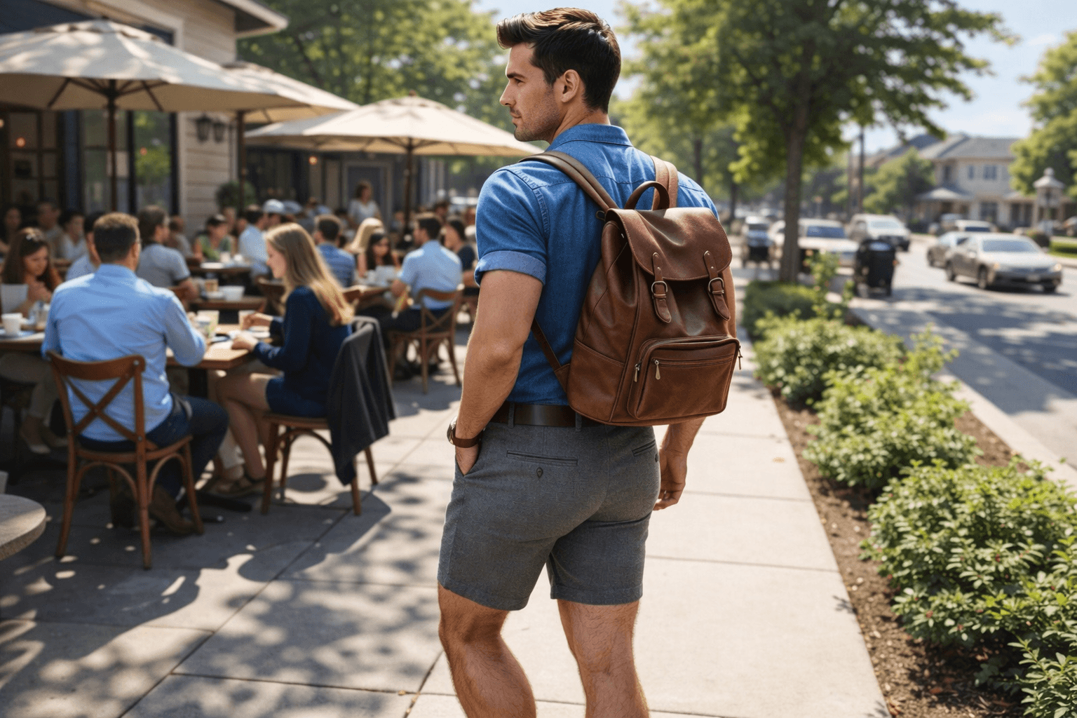 AI generated: In a sunny morning at a nice neighborhood. The model walking among a lot of people at a coffee shop ...