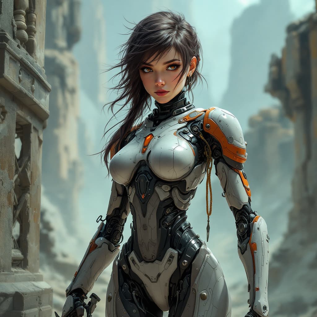 AI generated: Young beautiful female cyborg, artwork by Marc Davis --no helmet --ar 4:5 --personalize eyk44g2 --st...