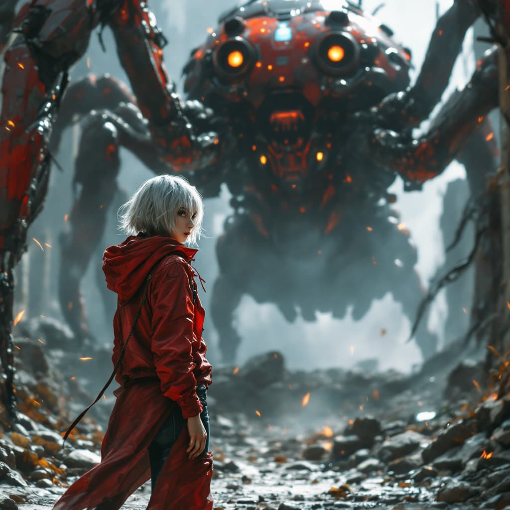 AI generated: full body view of a Girl Shining silver short hair peeking from under a stylish hooded red jacket, s...