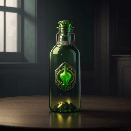 AI generated: bottle on the table with the design and character of Hulk The Bottle is gold and green, no watermark...
