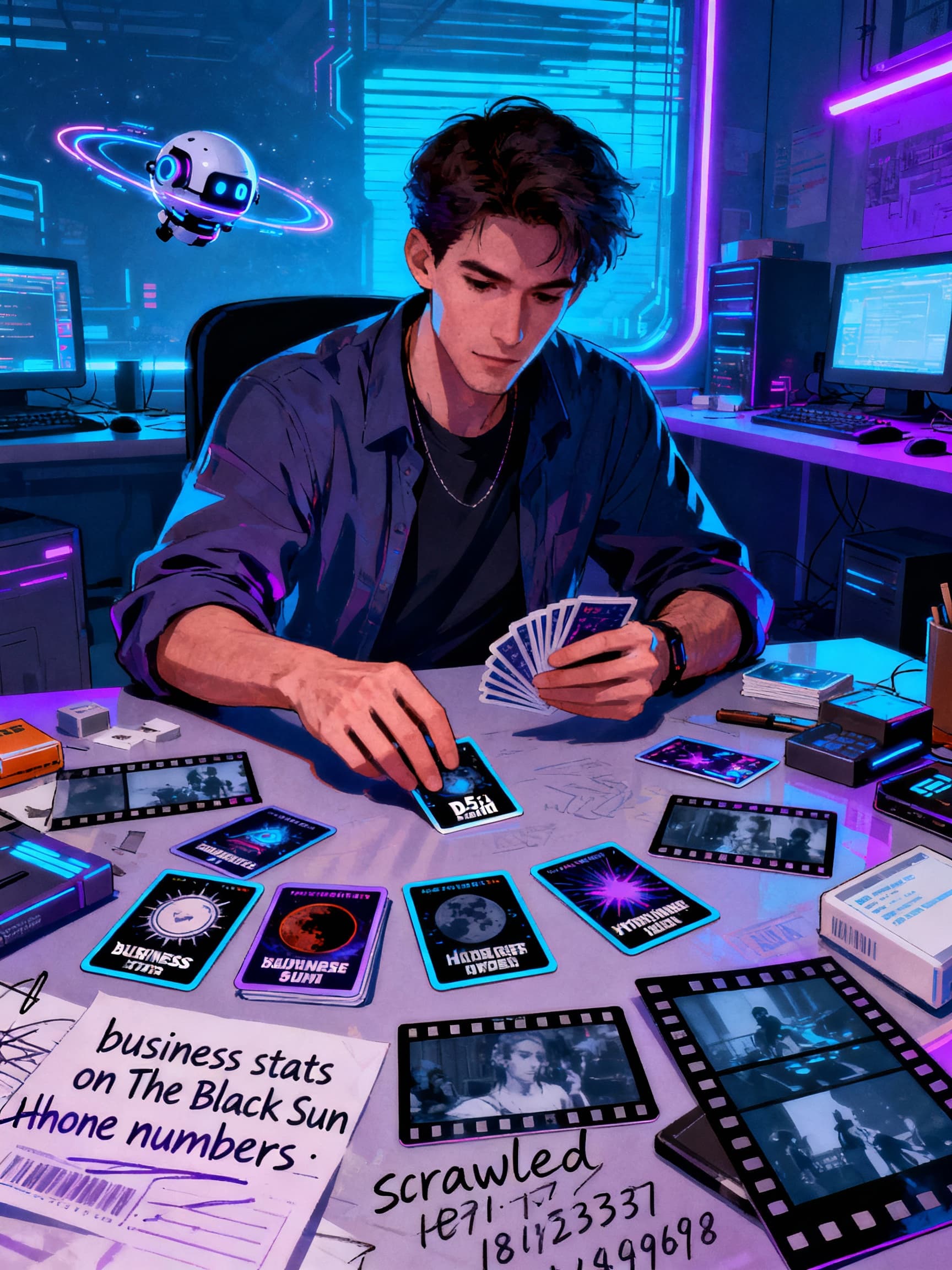 AI generated: HIRO ORBITS BACK around to the Hacker Quadrant. Da5id’s shuffling hypercards around on his table—bus...
