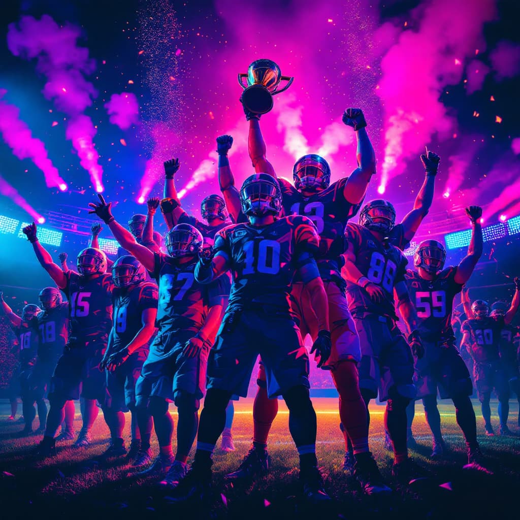 AI generated: Cyber punk football team cheering about wining holding trophies