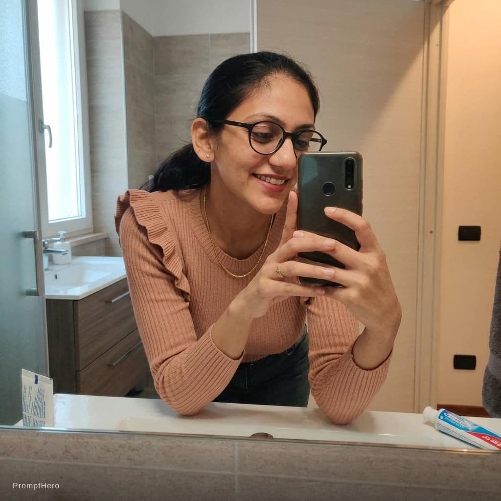 AI generated: looking at me. Taking a bathroom mirror selfie, wearing same (cleavage) dress décolleté, leaning for...
