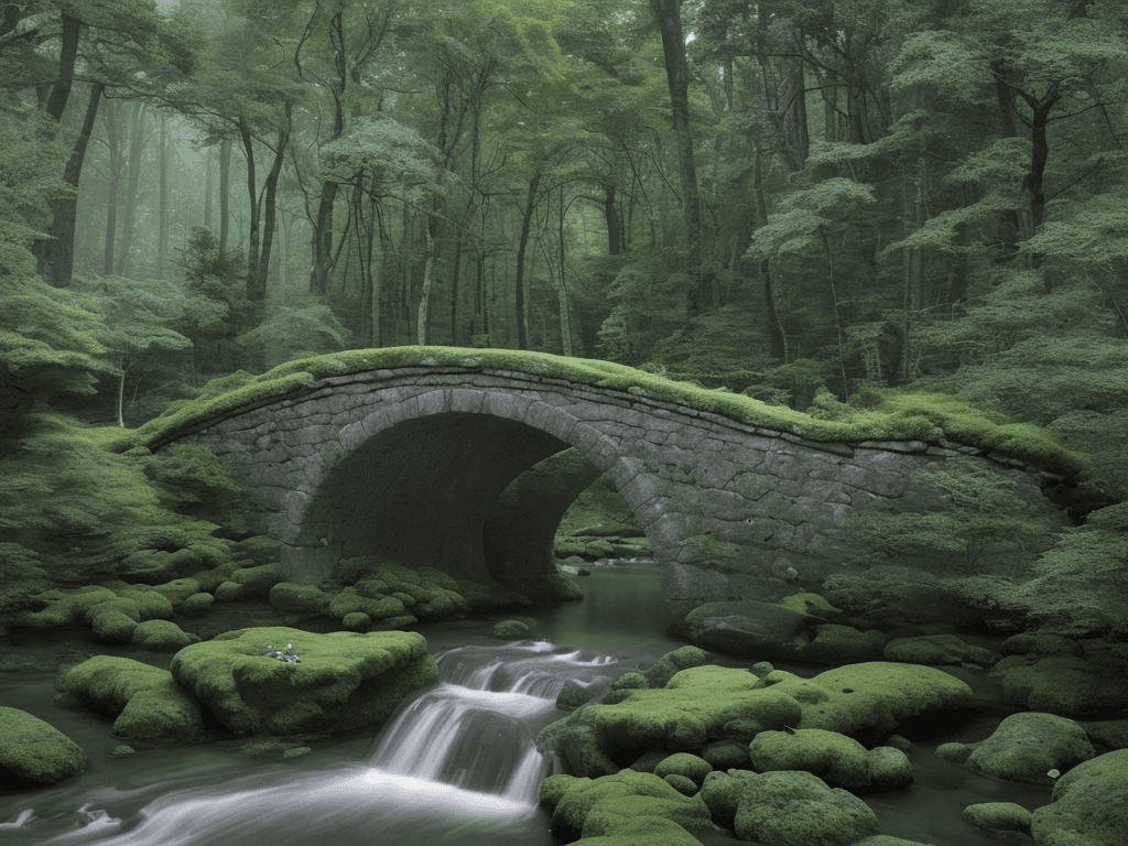 AI generated: a serene and mystical scene of a stone bridge in a forest, with no people or animals present. The ba...
