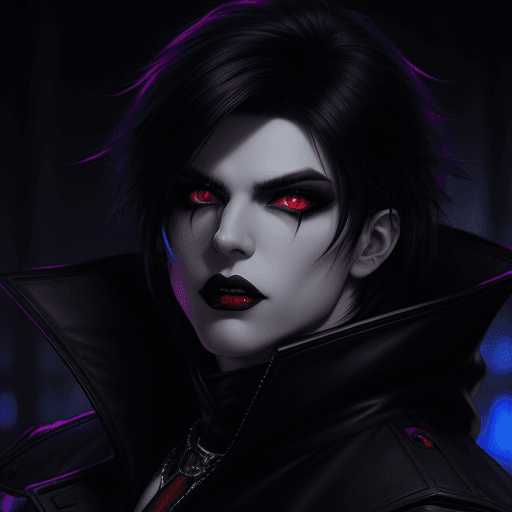 AI generated: A vampire male with white contact lenses and thick eyeshadow, wearing an oversized coat on a black l...
