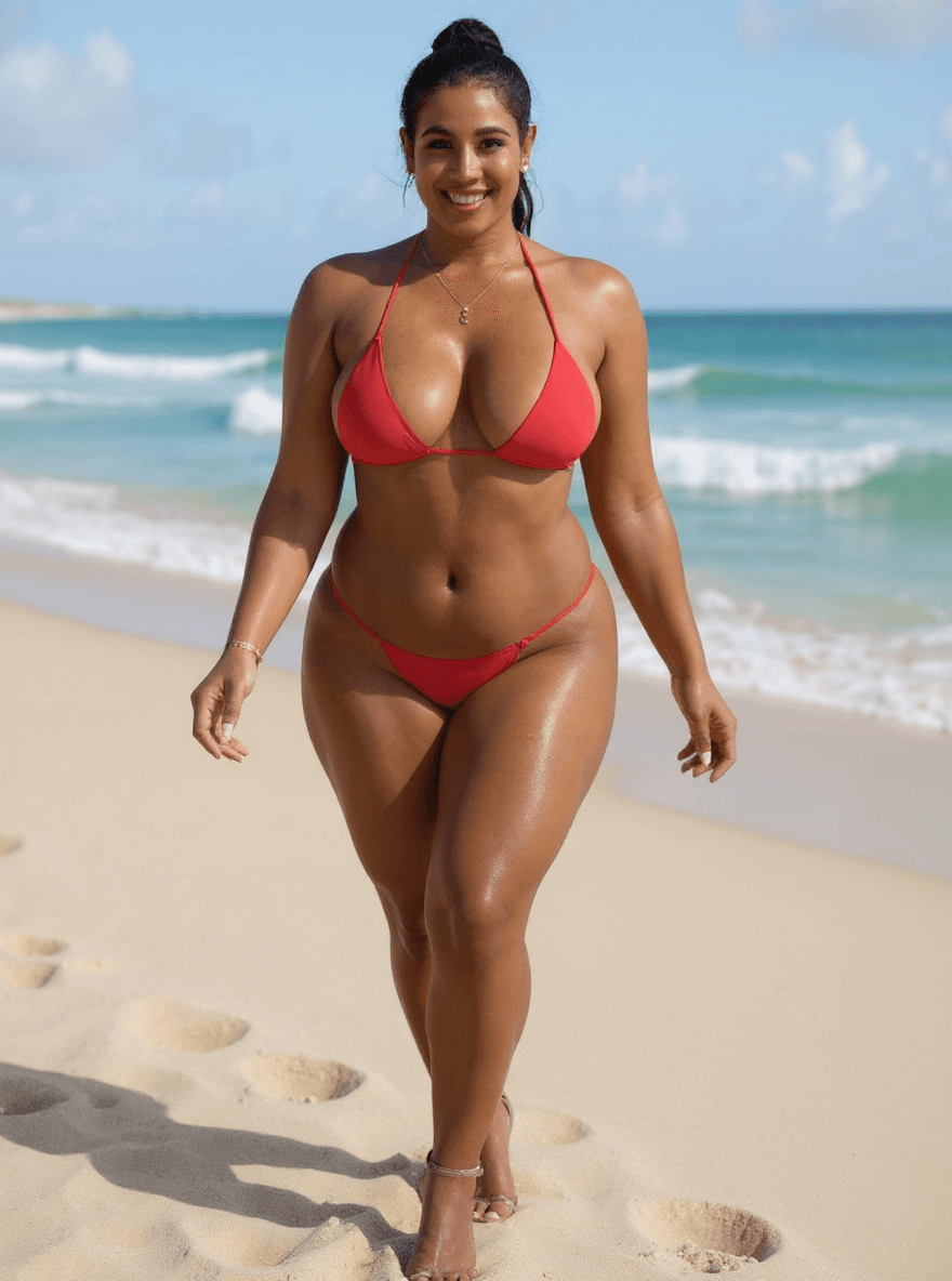 AI generated: create this model to be in beach with red bikini remove the high heels 