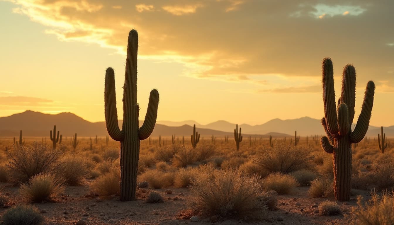 AI generated: Estilo western, en el desierto al atardecer. Hay cactus. I want a long distance view of the desert