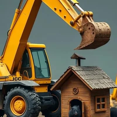 AI generated video: JCB destroying tiny home of mouse, mouse run out 