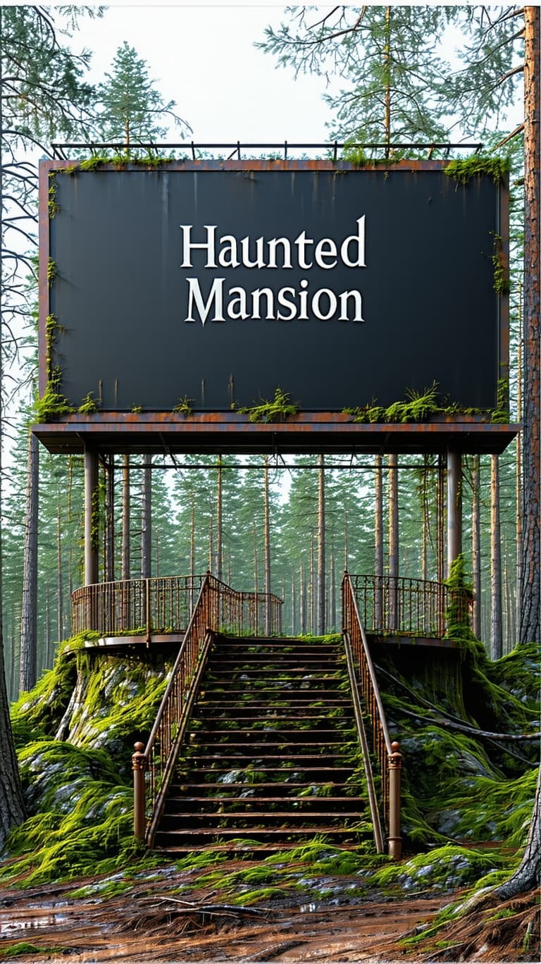 AI generated: A very detailed billboard sing advertising a haunted mansion, with a old rusty catwalk and latter al...
