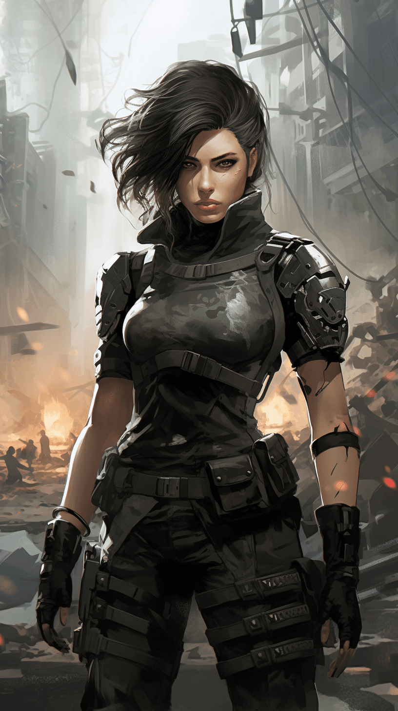 AI generated: game 2d art, image of Phoebe Tonkin as a apocalyptic soldier with heavy armor, green eyes, black tan...