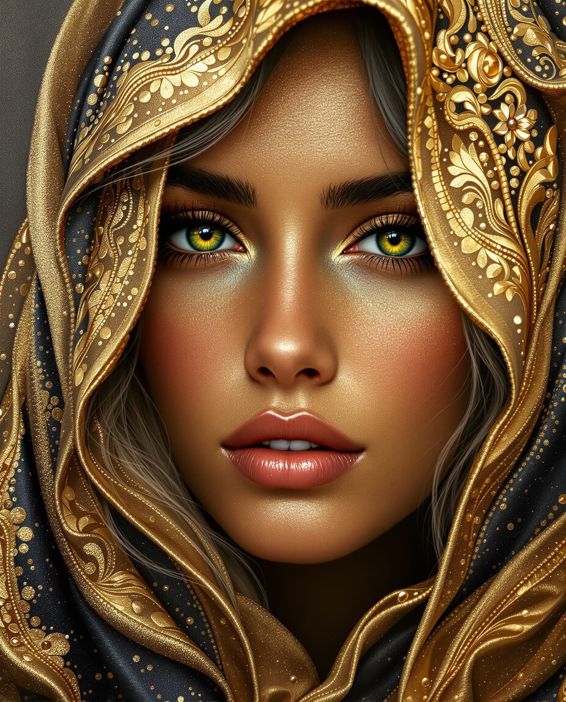 AI generated: A close-up impasto oil painting in high relief of a contemplative woman with luminous bronze-toned s...