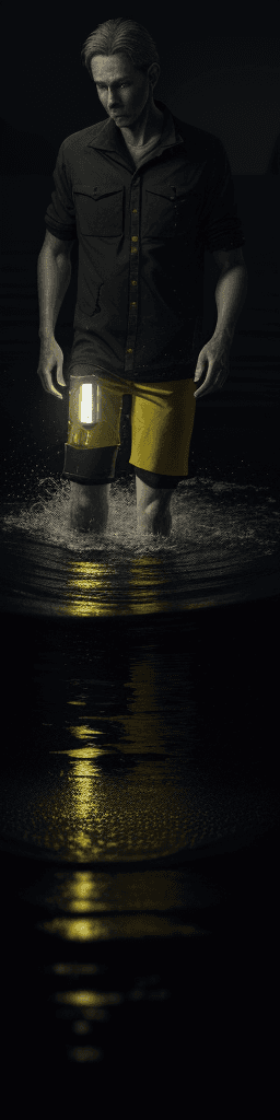 AI generated: A man searching for his way through an inch of water with an unlit flashlight  . hyper realism, high...