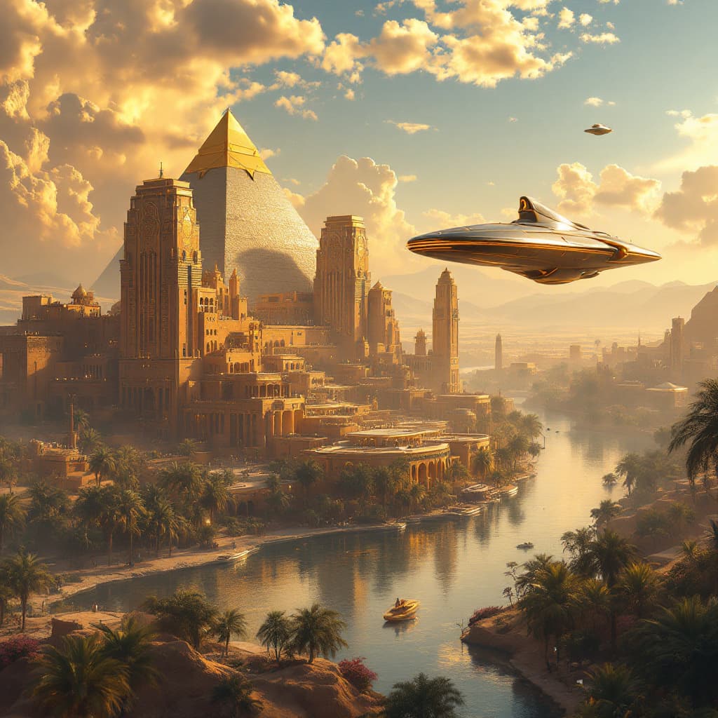 AI generated: A vast golden Abydos Eygpt City in the back of rich thick lush beautiful jungle  thives with rivers ...