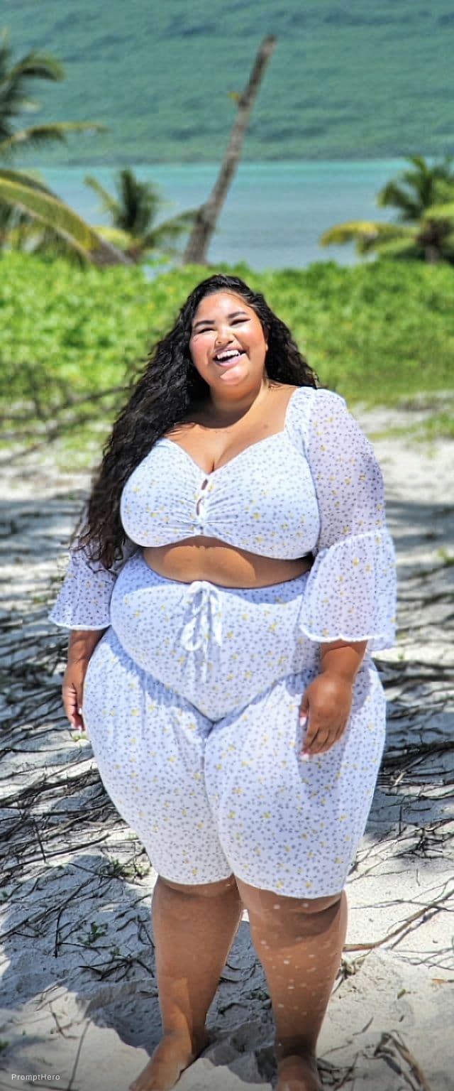 AI generated: A young plus size female model with long, wavy black hair, smiling brightly on a tropical beach. She...