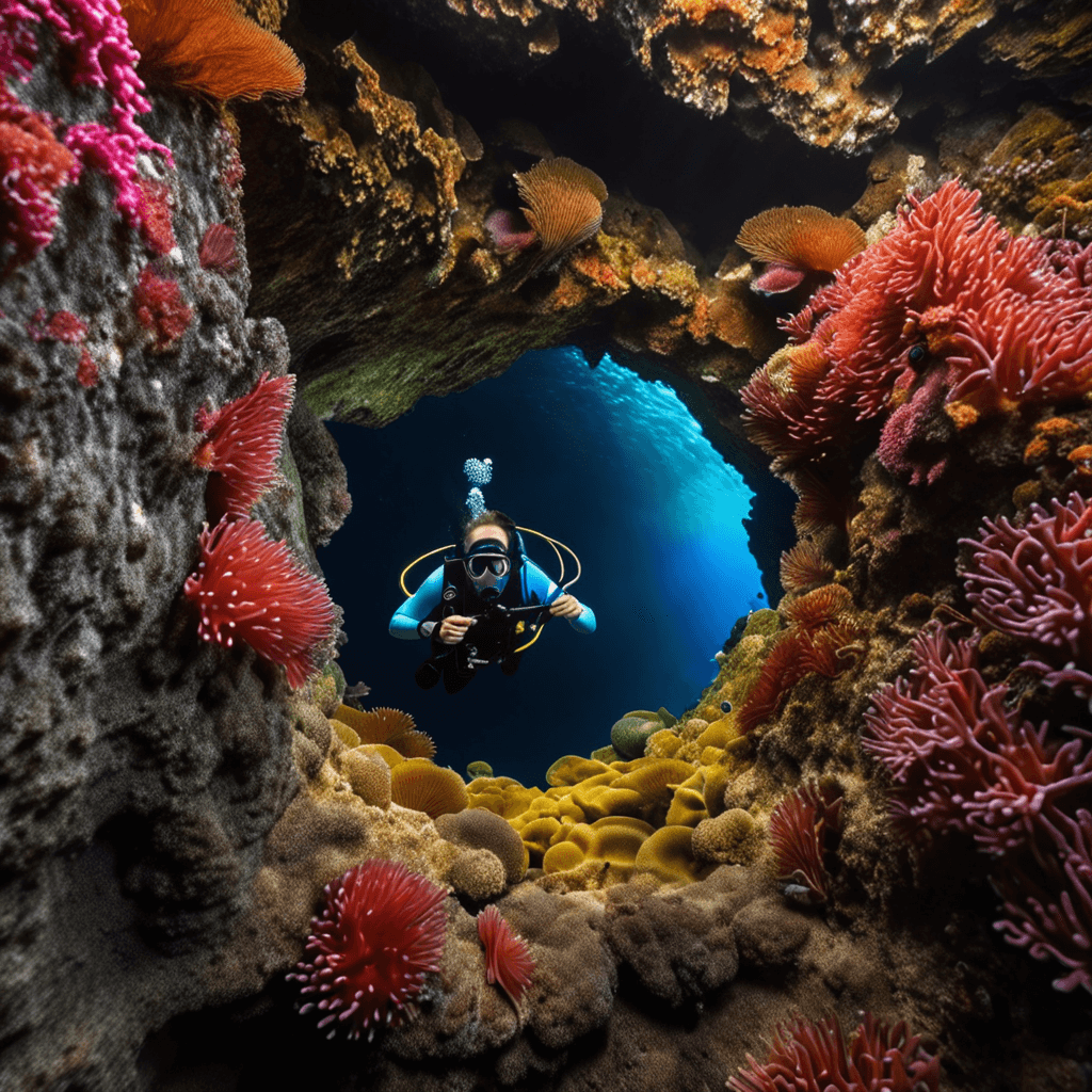 AI generated: A diver explores a breathtakingly beautiful deep sea teeming with vibrant corals, diverse marine lif...