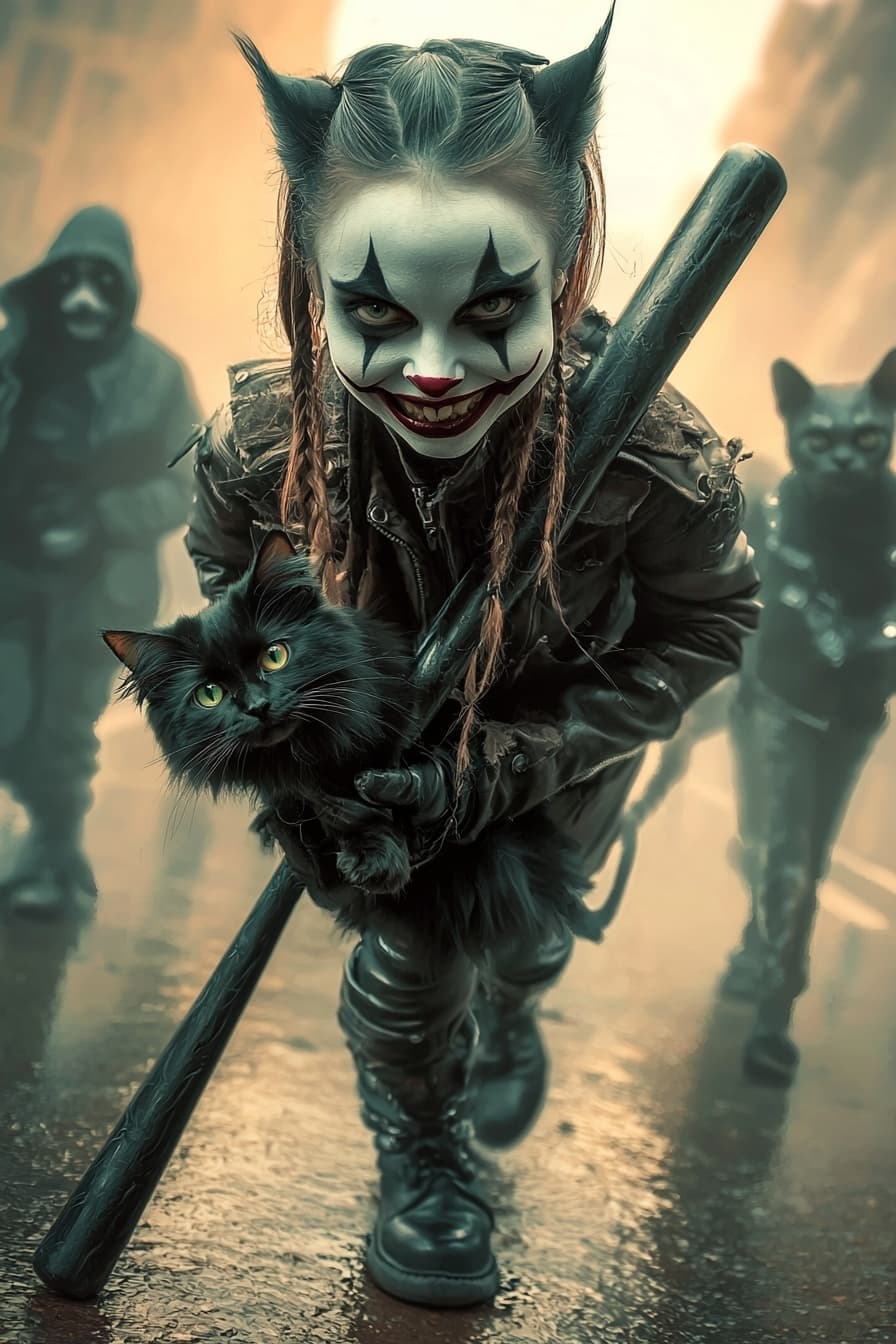 AI generated: female joker walking with hissing black cat on shoulder, Paris street, baseball bat, bold makeup, ci...