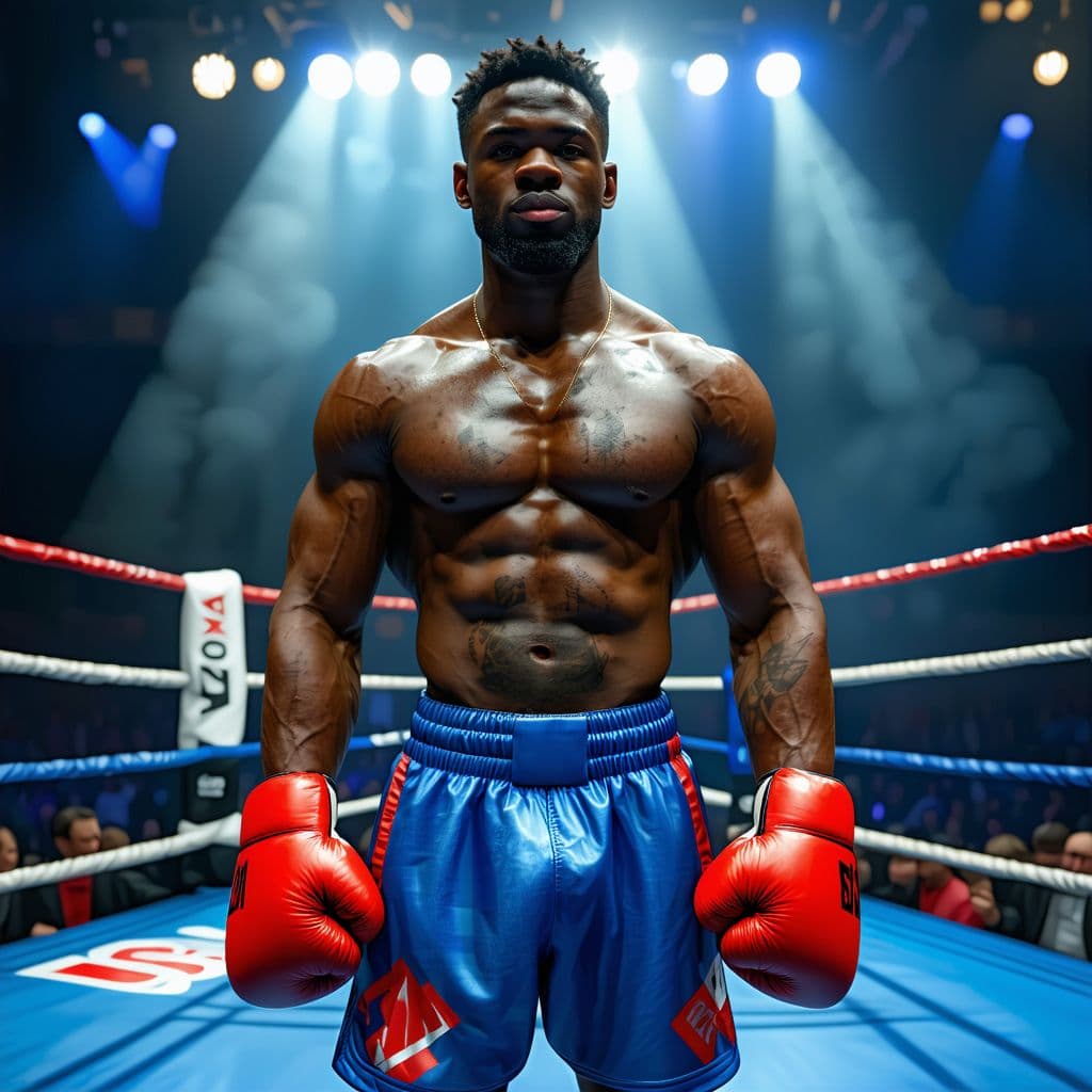 AI generated: powerful boxer stands in the ring and flexes his biceps, hyper realism, high detail, octane render; ...