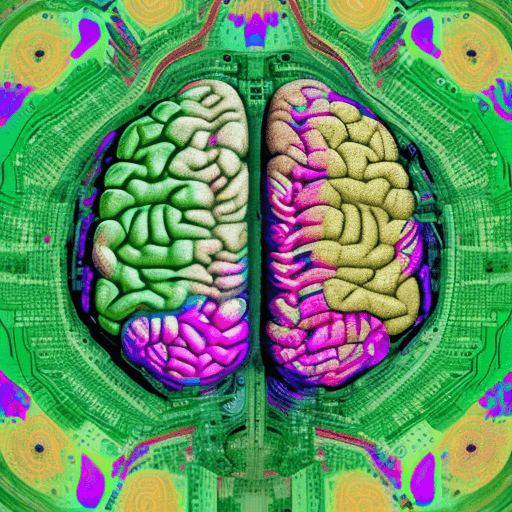 AI generated: an overhead view of a human brain showing the left and right hemispheres.  The left hemisphere is fi...