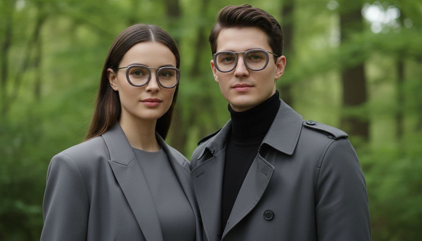 AI generated: Professional outdoor fashion photoshoot, close-up portrait of a man and a woman looking straight and...