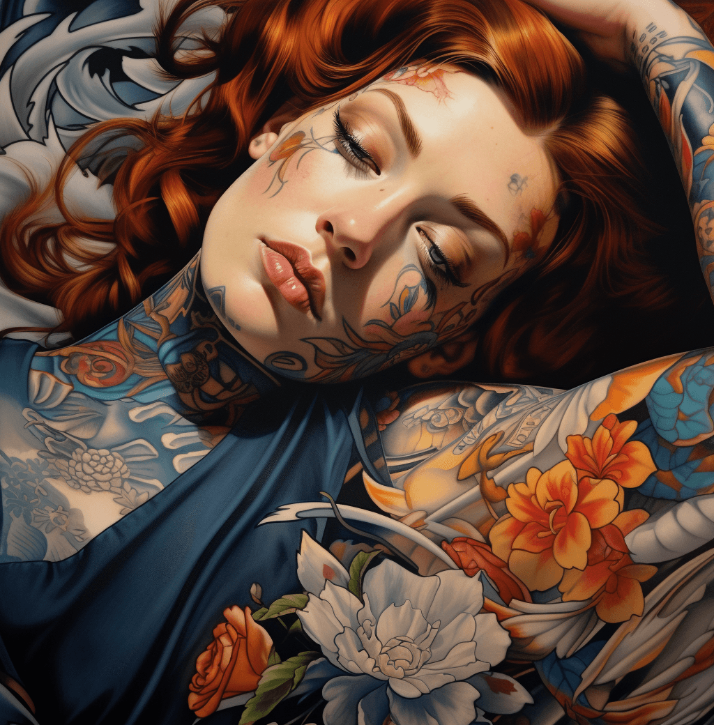 AI generated: print with tattoo on the wall and a woman laying down in the bed, m.c. escher, blink-and-you-miss-it...