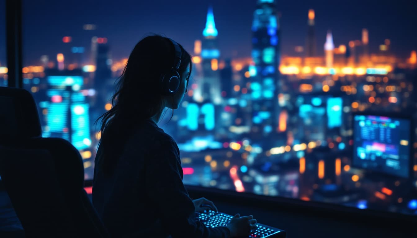 AI generated: young lady,far view, blue eyes, far view, playing games on pc, minimum lights, 